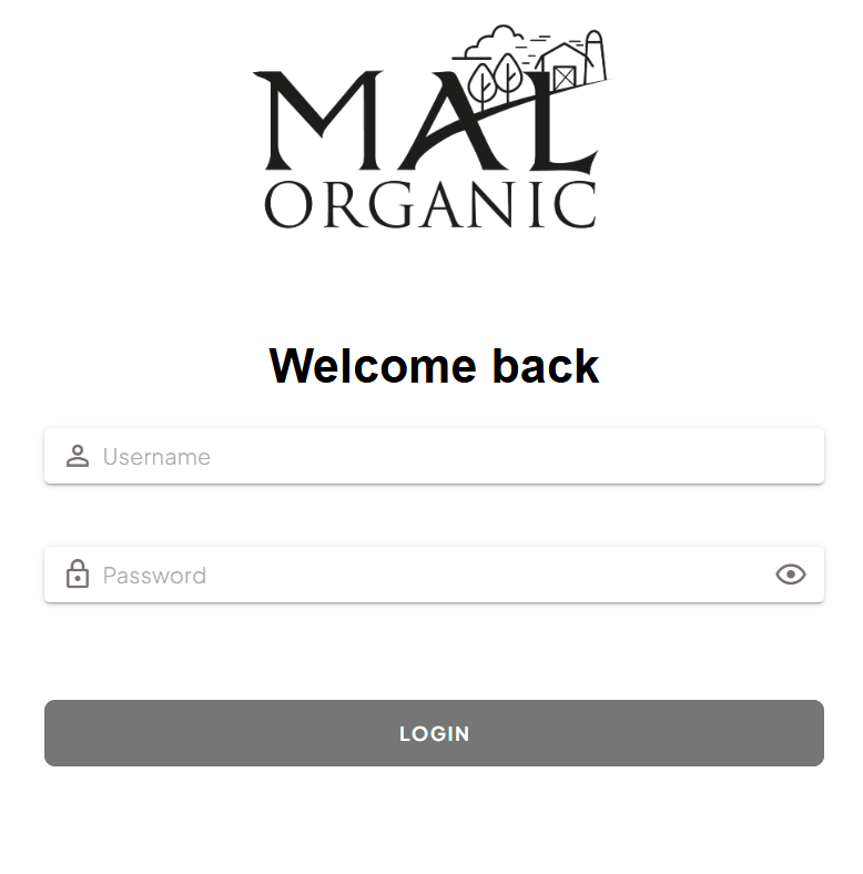 MAL Organic management suite login screen